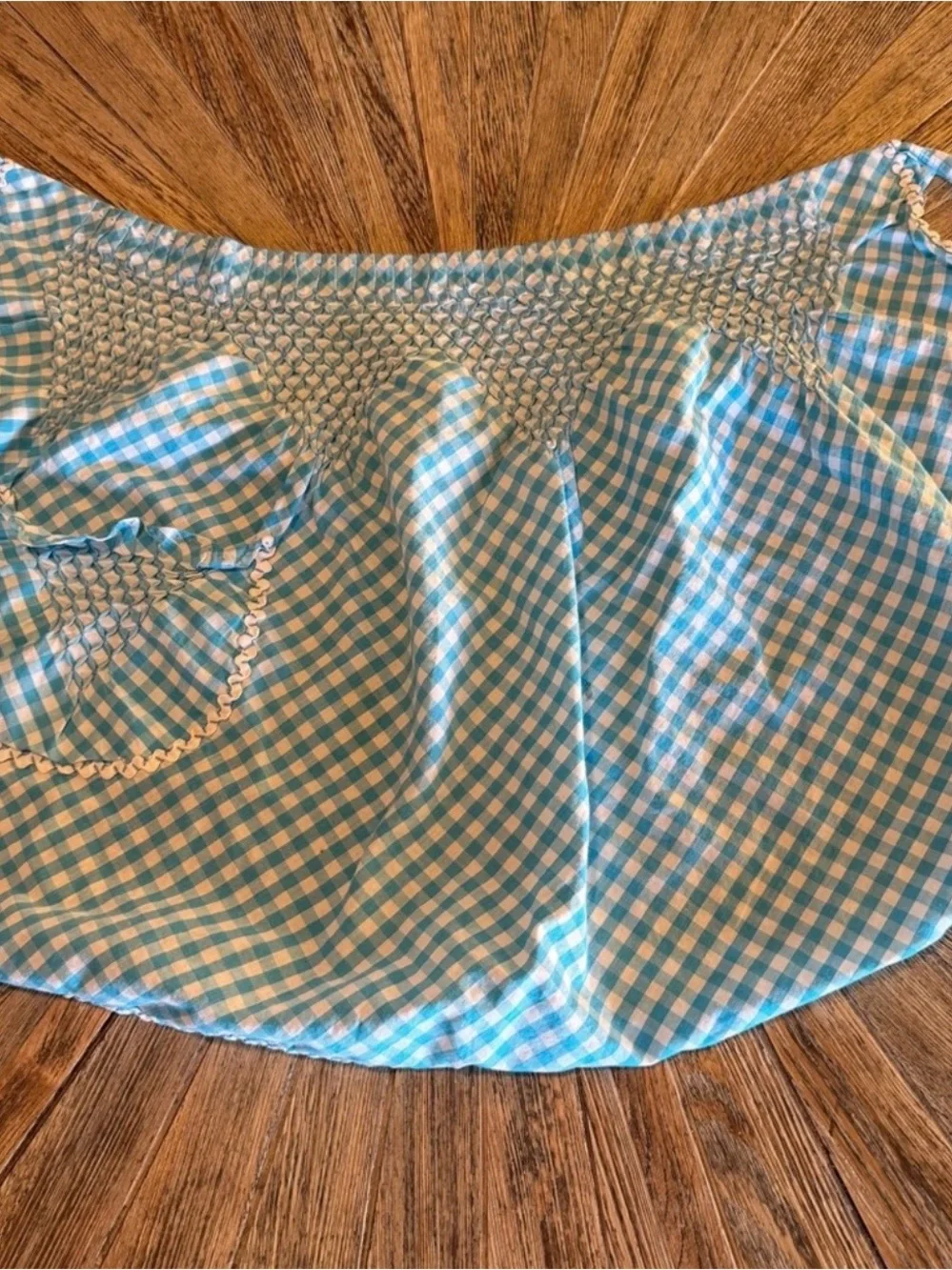 Vintage Blue Gingham Smocked Half Apron Tie Waist Pocket Cottagecore Prairie 50s